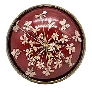 Real Genuine White Flowers Red Background Resin Over Lay set in a Brass Ring